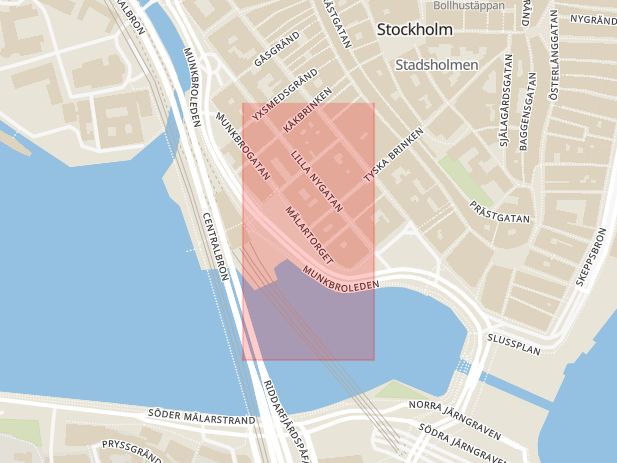 Karta som med röd fyrkant ramar in Mälartorget, Gamla Stan, Stockholm, Stockholms län