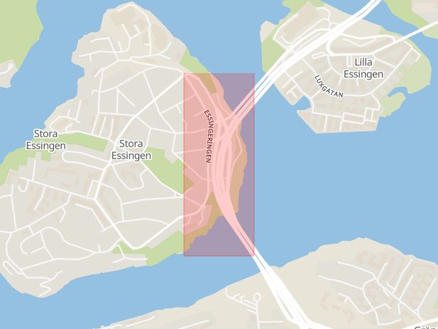 Karta som med röd fyrkant ramar in Essingeleden, Gröndal, Stora Essingen, Stockholm, Stockholms län
