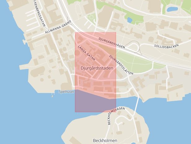 Karta som med röd fyrkant ramar in Breda Gatan, Djurgården, Stockholm, Stockholms län