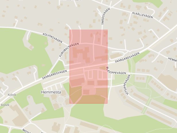 Karta som med röd fyrkant ramar in Hemmesta Centrum, Värmdö, Stockholms län