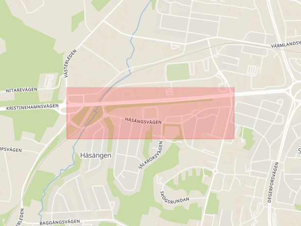 Karta som med röd fyrkant ramar in Häsängen, Häsängsvägen, Karlskoga, Örebro län