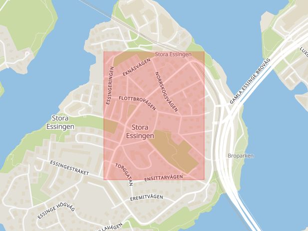 Karta som med röd fyrkant ramar in Stora Essingen, Badstrandsvägen, Stockholm, Stockholms län