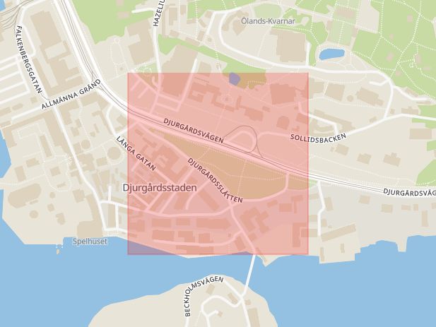 Karta som med röd fyrkant ramar in Djurgårdsslätten, Stockholm, Stockholms län