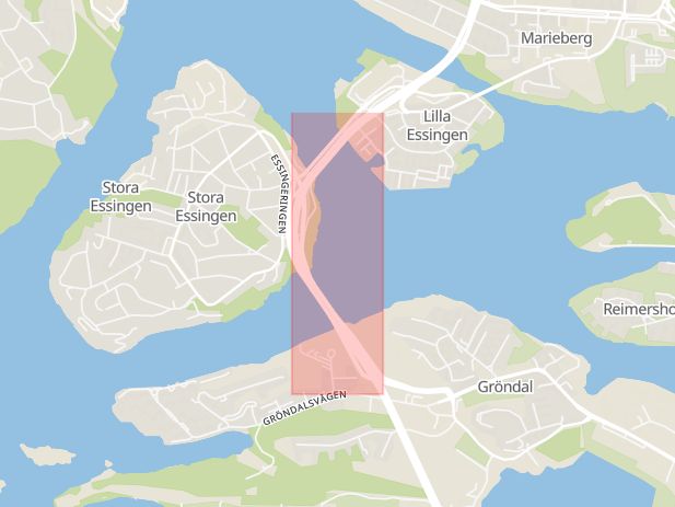Karta som med röd fyrkant ramar in Essingeleden, Kristineberg, Stora Essingen, Stockholm, Stockholms län