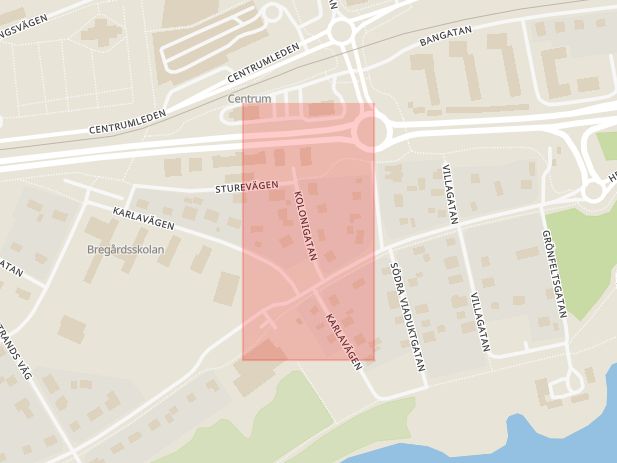 Karta som med röd fyrkant ramar in Kolonigatan, Karlskoga, Örebro län