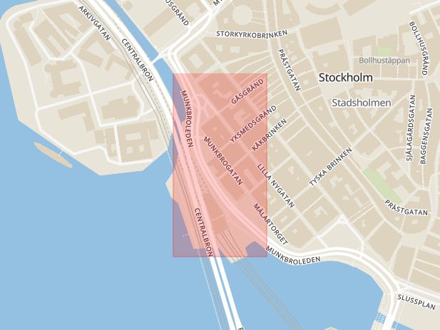 Karta som med röd fyrkant ramar in Munkbrogatan, Stockholm, Stockholms län