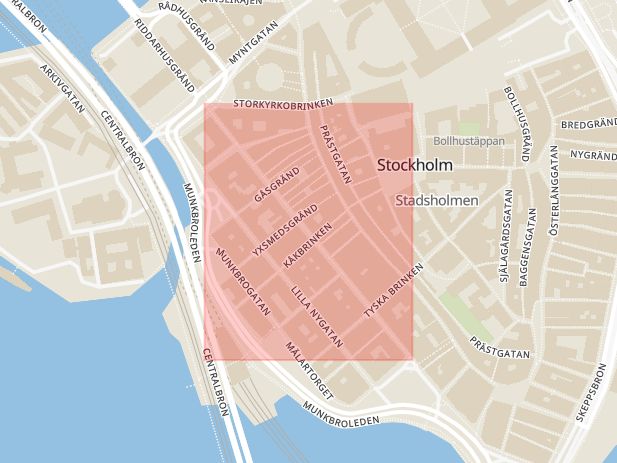 Karta som med röd fyrkant ramar in Stora Nygatan, Gamla Stan, Stockholm, Stockholms län