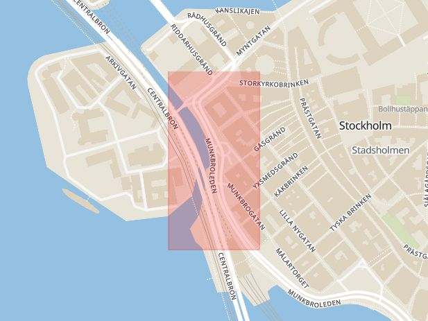 Karta som med röd fyrkant ramar in Munkbron, Stockholm, Stockholms län