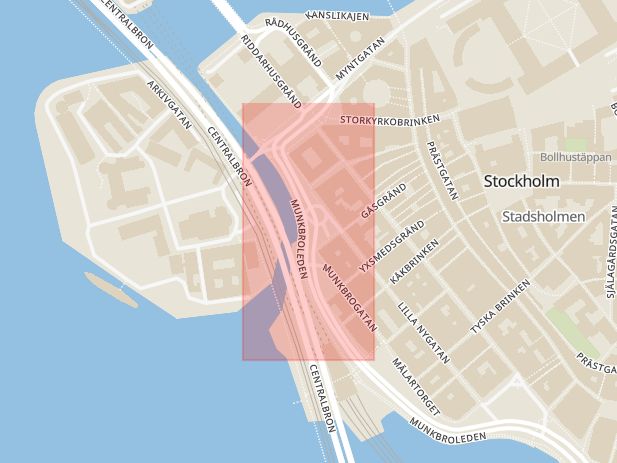 Karta som med röd fyrkant ramar in Munkbron, Gamla Stan, Stockholm, Stockholms län
