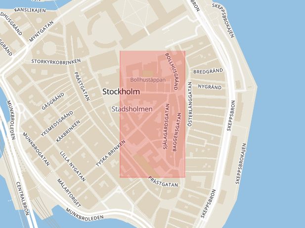 Karta som med röd fyrkant ramar in Gamla Stan, Kindstugatan, Stockholm, Stockholms län