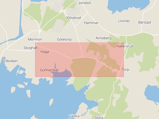 Karta som med röd fyrkant ramar in Hovlandavägen, Hammarö, Värmlands län