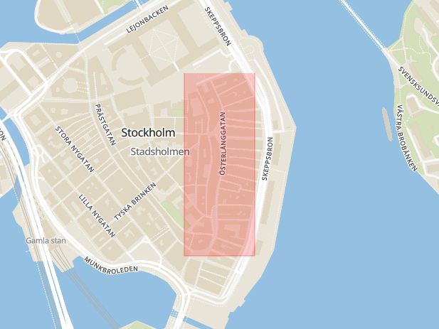 Karta som med röd fyrkant ramar in Gamla Stan, Österlånggatan, Stockholm, Stockholms län