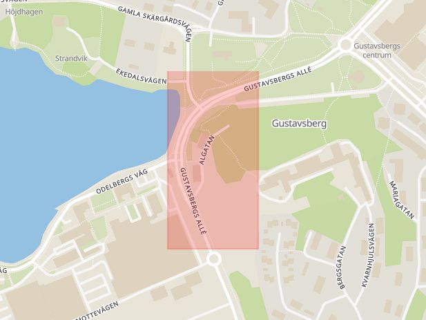 Karta som med röd fyrkant ramar in Algatan, Värmdö, Stockholms län