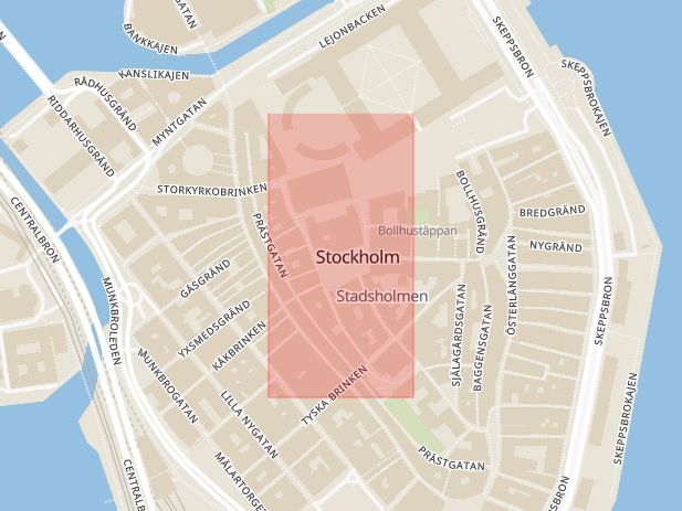 Karta som med röd fyrkant ramar in Stortorget, Gamla Stan, Södermalm, Stockholm, Stockholms län