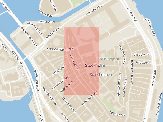 Karta som med röd fyrkant ramar in Trångsund, Gamla Stan, Café, Stockholm, Stockholms län