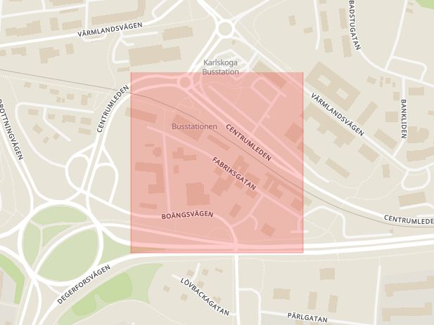 Karta som med röd fyrkant ramar in Fabriksgatan, Karlskoga, Laxå, Örebro län