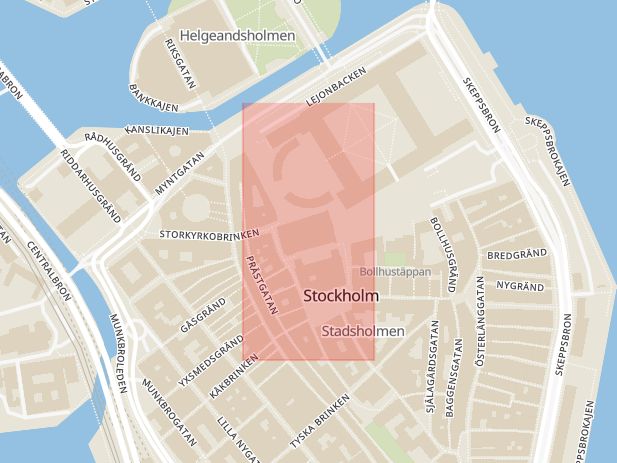 Karta som med röd fyrkant ramar in Sergelarkaden, Gamla Stan, Stockholm, Stockholms län