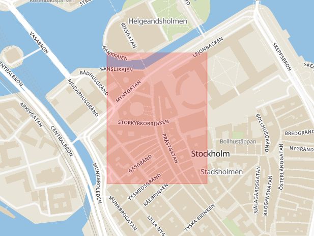 Karta som med röd fyrkant ramar in Gamla Stan, Storkyrkobrinken, Stockholm, Stockholms län