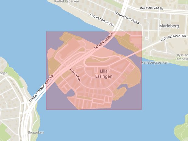 Karta som med röd fyrkant ramar in Stadshagen, Fredhäll, Lilla Essingen, Stockholm, Stockholms län
