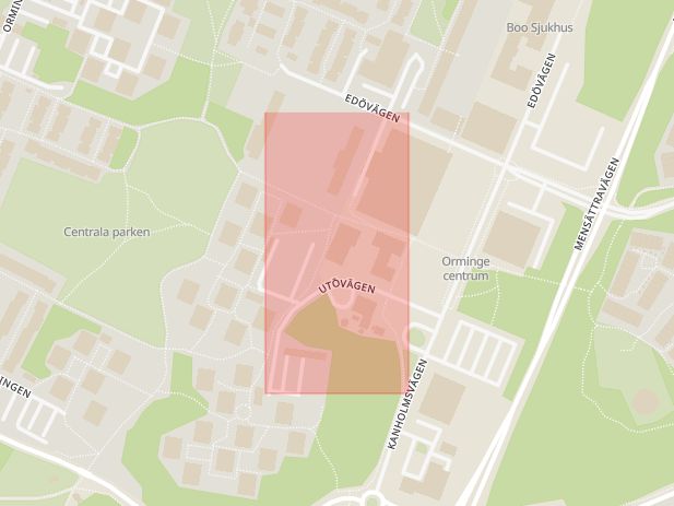 Karta som med röd fyrkant ramar in Orminge, Folkets Hus, Nacka, Stockholms län