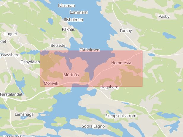 Karta som med röd fyrkant ramar in Fruvik, Skärgårdsvägen, Värmdö, Stockholms län