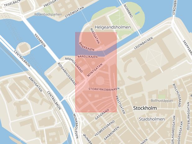 Karta som med röd fyrkant ramar in Myntgatan, Stockholm, Stockholms län