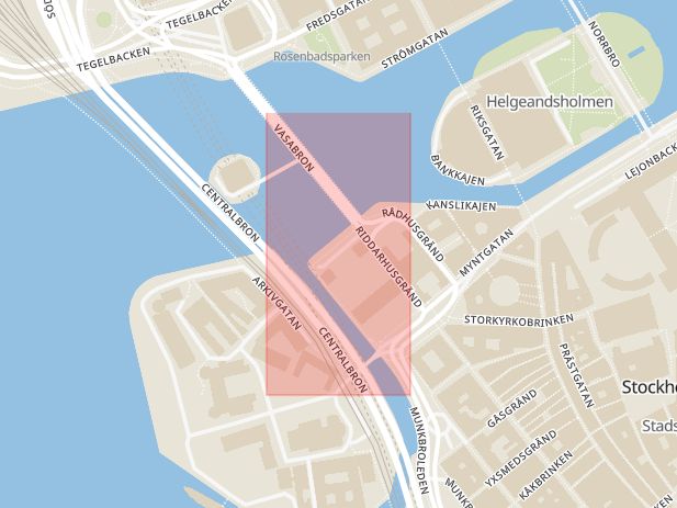 Karta som med röd fyrkant ramar in Riddarhuskajen, Stockholm, Stockholms län