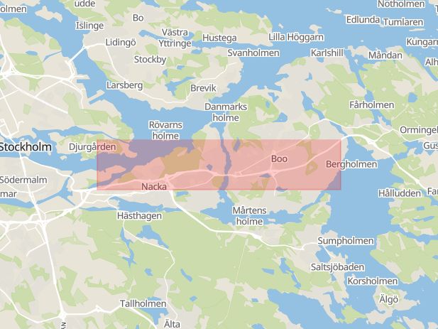 Karta som med röd fyrkant ramar in Orminge, Värmdöleden, Nacka, Stockholms län