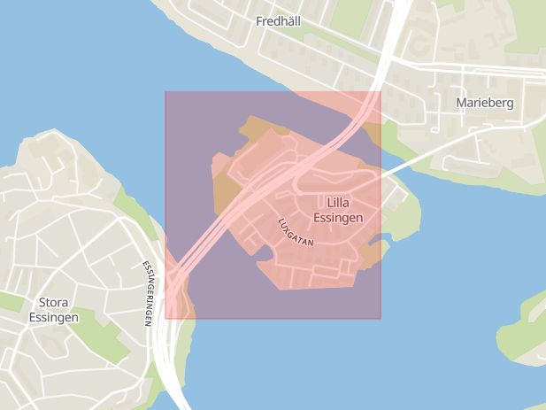 Karta som med röd fyrkant ramar in Essingeleden, Lilla Essingen, Stockholm, Stockholms län