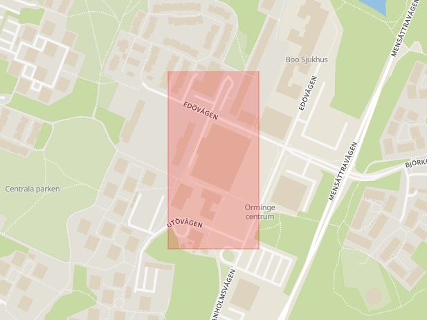 Karta som med röd fyrkant ramar in Orminge, Orminge Centrum, Nacka, Stockholms län