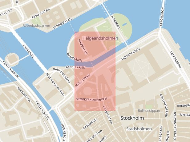 Karta som med röd fyrkant ramar in Mynttorget, Myntgatan, Slottskajen, Norrbro, Rådhusgränd, Stockholm, Stockholms län