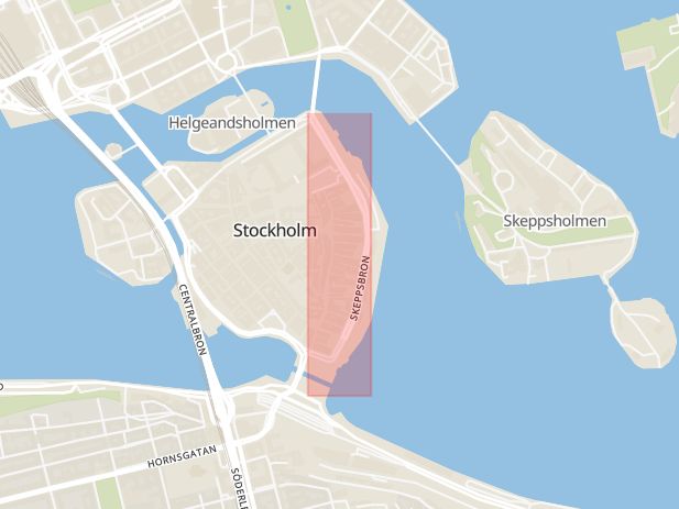 Karta som med röd fyrkant ramar in Skeppsbron, Gamla Stan, Stockholm, Stockholms län