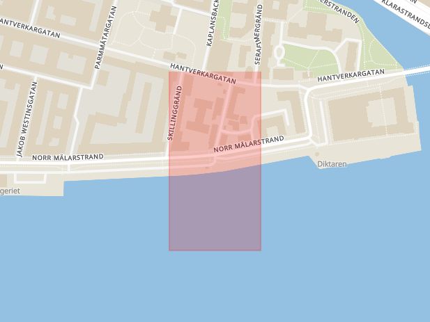 Karta som med röd fyrkant ramar in Kungsholmen, Norr Mälarstrand, Samuel Owens Gata, Stockholm, Stockholms län