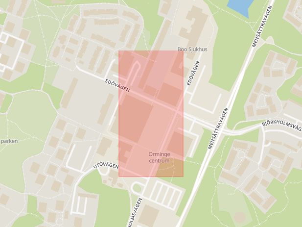Karta som med röd fyrkant ramar in Orminge Centrum, Nacka, Stockholms län