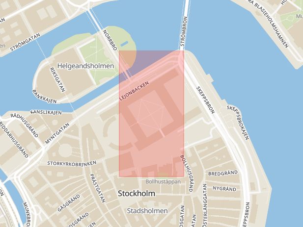 Karta som med röd fyrkant ramar in Stockholm City, Slottet, Stockholm, Stockholms län