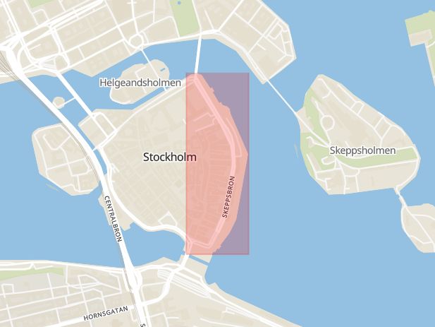 Karta som med röd fyrkant ramar in Skeppsbron, Stockholm, Stockholms län