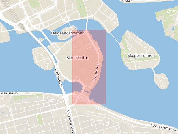 Karta som med röd fyrkant ramar in Skeppsbron, Stockholm, Stockholms län