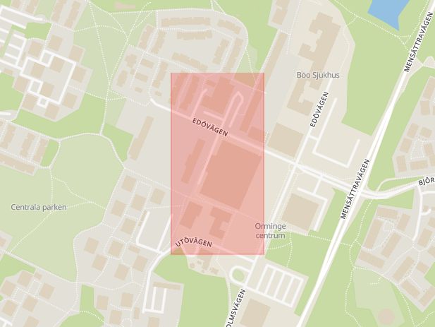 Karta som med röd fyrkant ramar in Orminge Centrum, Nacka, Stockholms Län