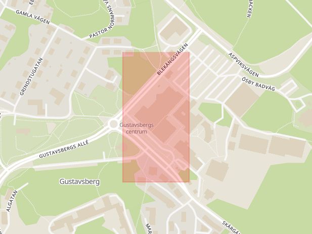 Karta som med röd fyrkant ramar in Gustavsbergs Centrum, Värmdö