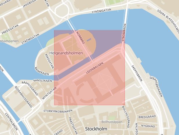 Karta som med röd fyrkant ramar in Slottskajen, Stockholm, Stockholms län