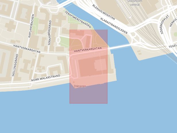 Karta som med röd fyrkant ramar in Stadshuset, Stadshusbron, Klarastrandsleden, Stockholm, Stockholms län