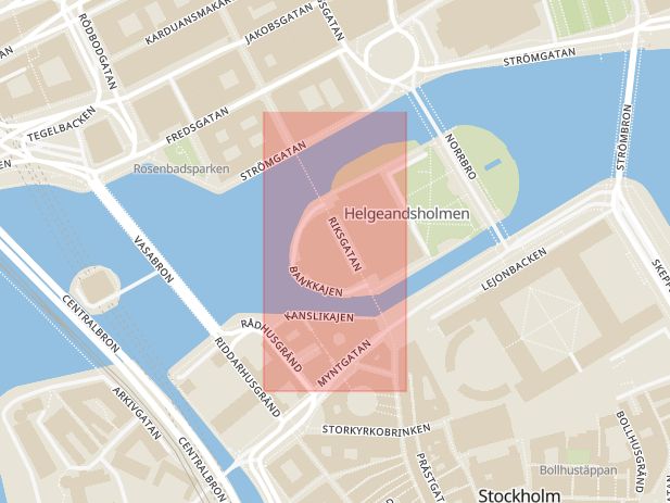 Karta som med röd fyrkant ramar in Riksdagshuset, Mynttorget, Stockholm, Stockholms län