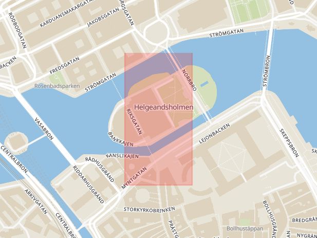 Karta som med röd fyrkant ramar in Riksdagshuset, Stockholm, Stockholms län