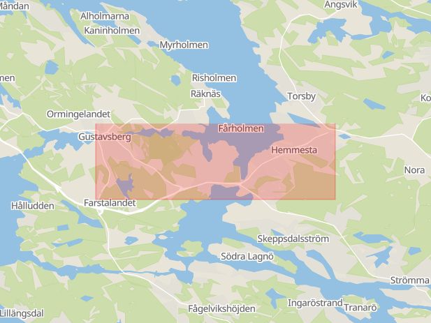 Karta som med röd fyrkant ramar in Skärgårdsvägen, Mörtnäs, Värmdö, Stockholms län