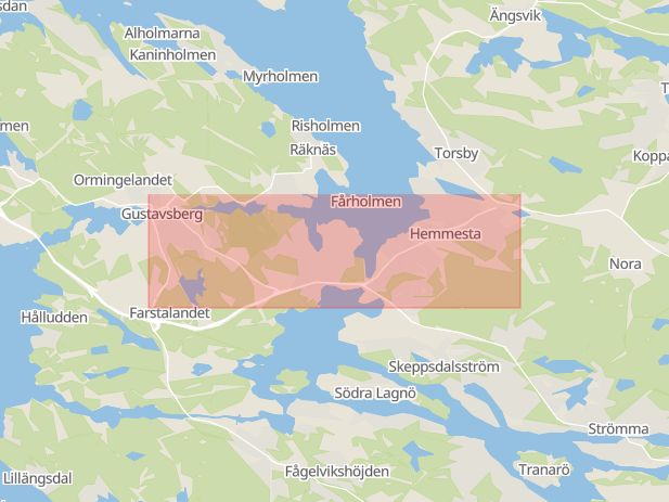 Karta som med röd fyrkant ramar in Skärgårdsvägen, Mörtnäs, Värmdö, Stockholms län