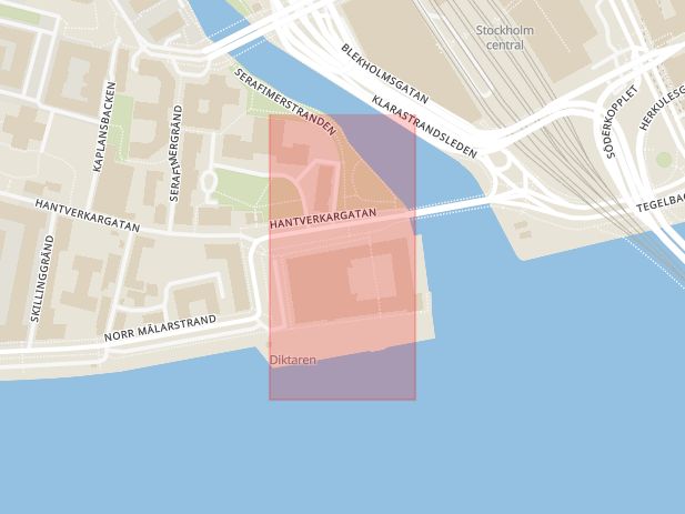 Karta som med röd fyrkant ramar in Kungsholmen, Stadshuset, Stockholm, Stockholms län