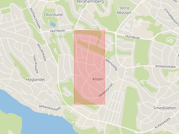 Karta som med röd fyrkant ramar in Ålsten, Orrspelsvägen, Stockholm, Stockholms län