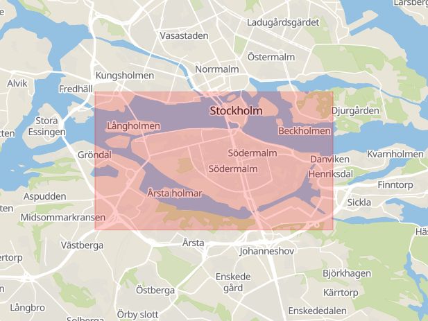 Karta som visar ungefär var händelsen Bedrägeri: En äldre person på Södermalm har blivit lurad att lämna ifrån sig smycken till personer som utger sig för att vara väktare. inträffat