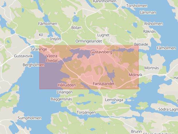 Karta som med röd fyrkant ramar in Värmdöleden, Gustavsberg, Nacka, Stockholms län