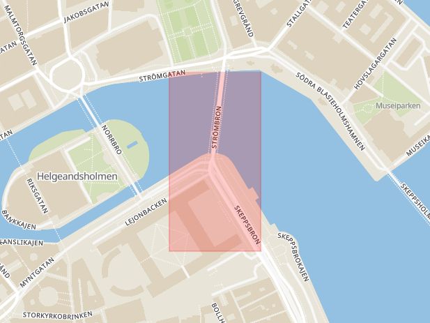 Karta som med röd fyrkant ramar in Skeppsbron, Strömbron, Stockholm, Stockholms län